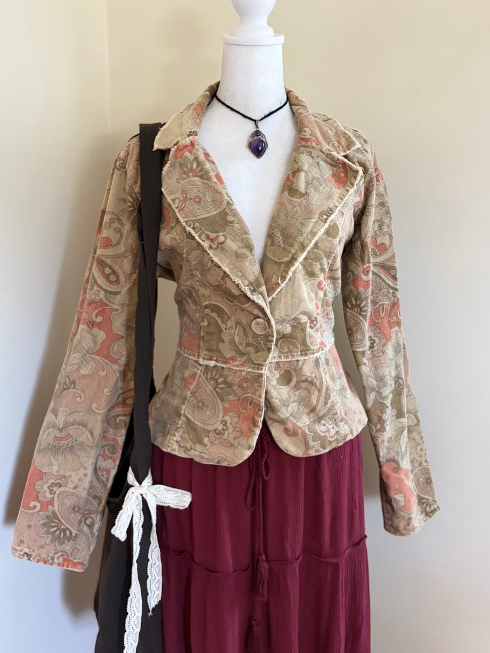 Vintage 90s Y2K paisley corduroy blazer jacket fall whimsygoth grunge floral S/M